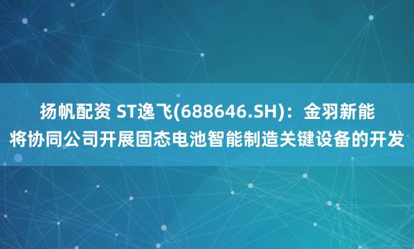 扬帆配资 ST逸飞(688646.SH)：金羽新能将协同公司开展固态电池智能制造关键设备的开发